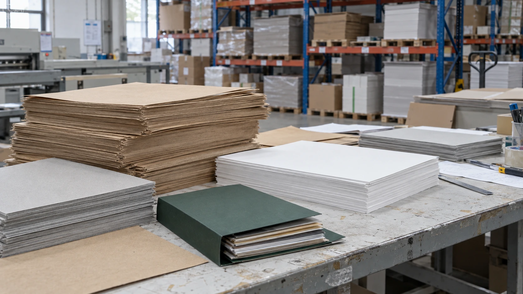 Generated illustration of paper and board materials on a factory workbench