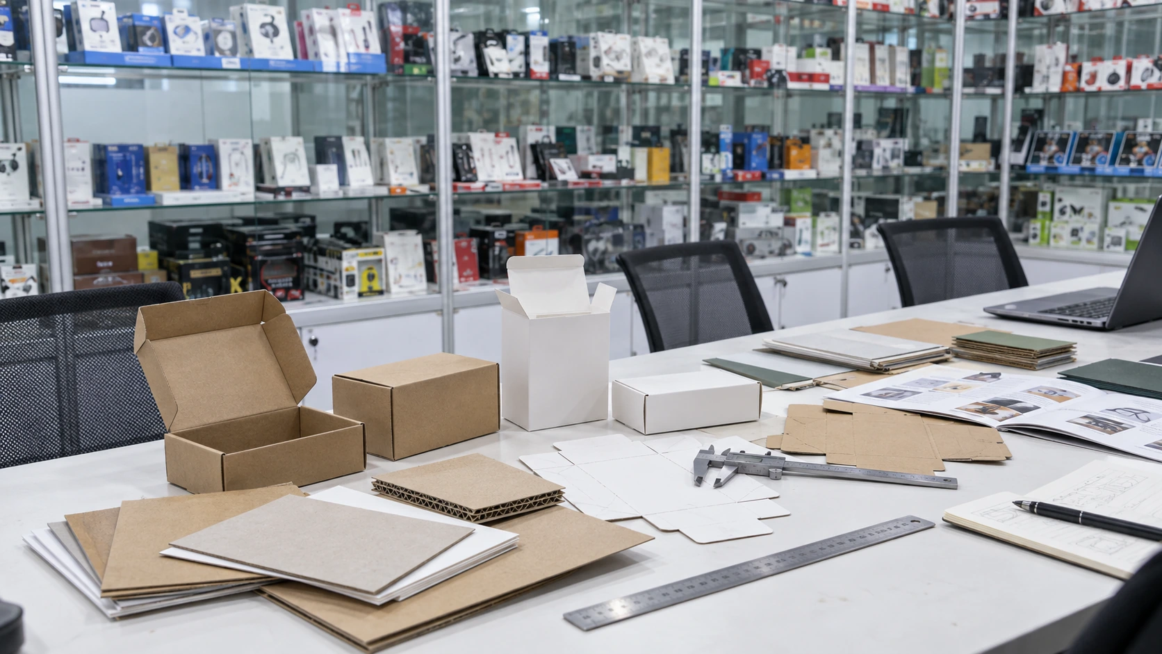 Generated illustration of packaging prototypes and material samples