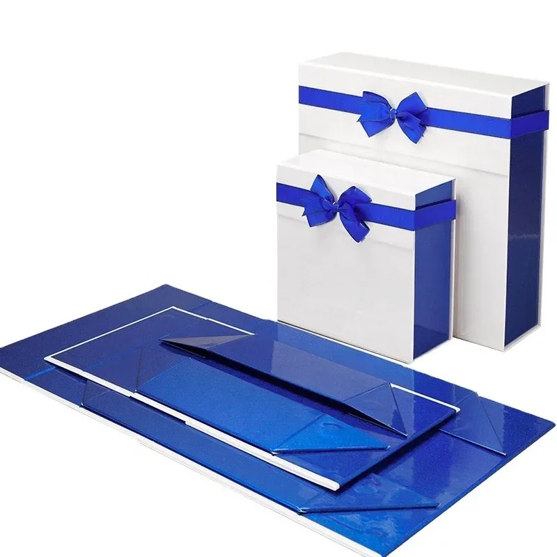 Custom White Folding Gift Box with Blue Ribbon