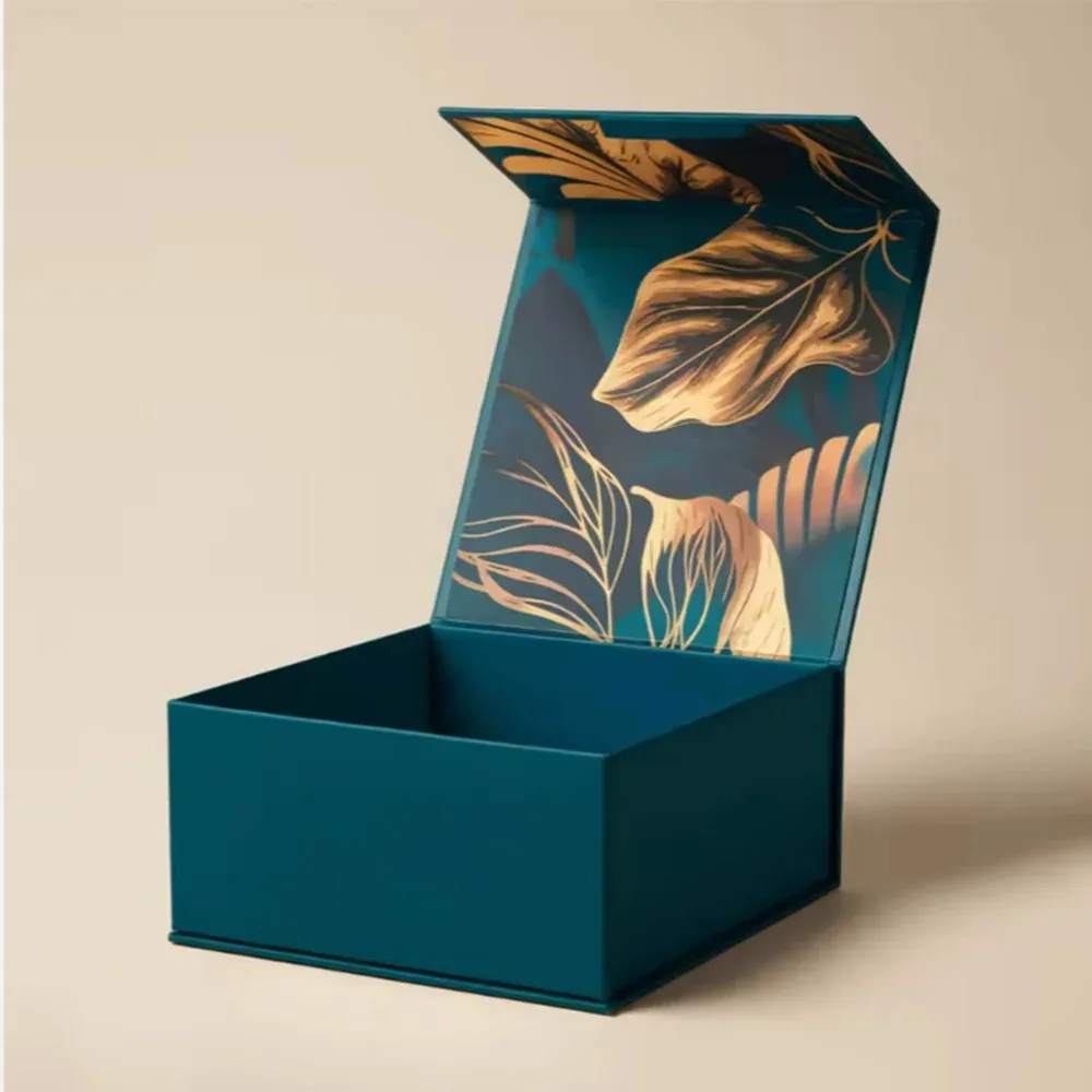 Custom Teal Gift Box with Botanical Lid Print view 6