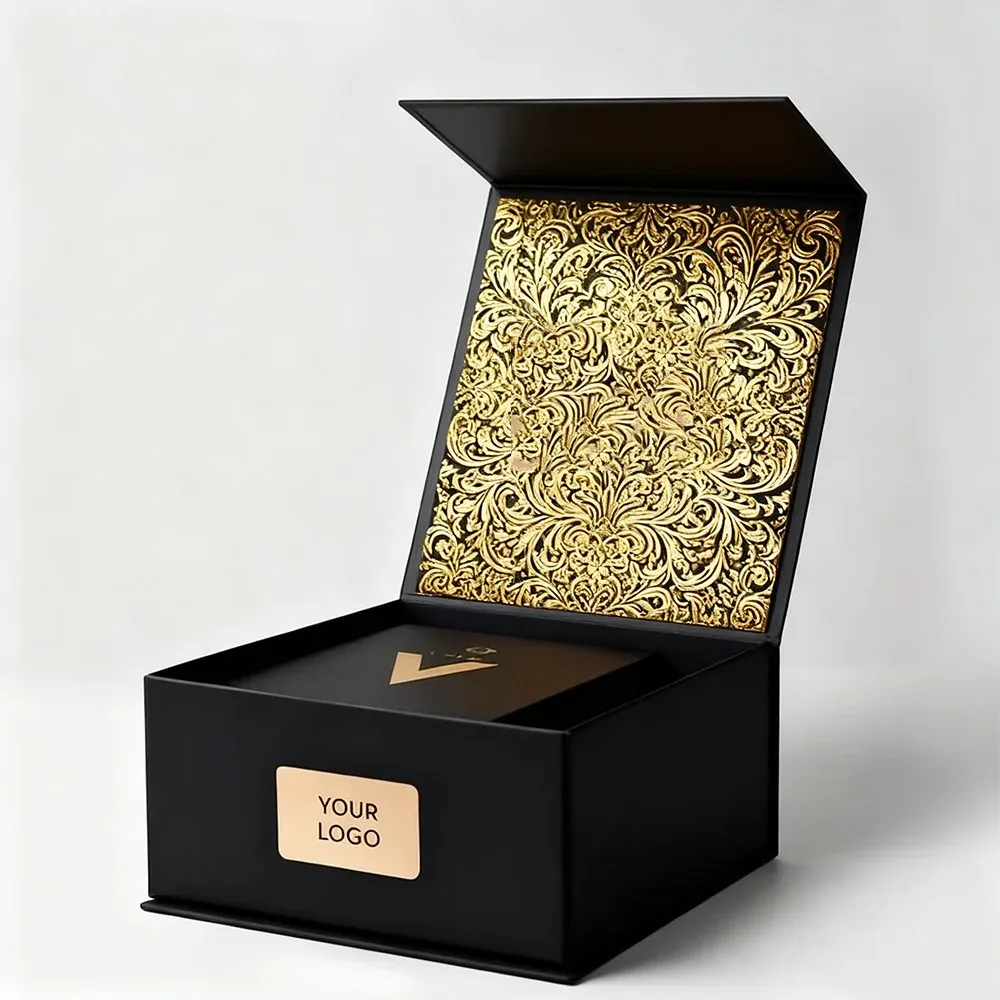 Custom Black Gift Box with Gold Botanical Lining