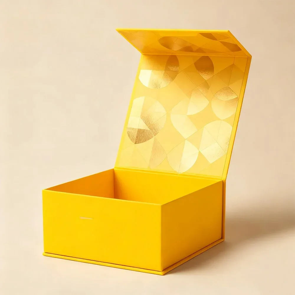 Custom Yellow Hinged Gift Box with Patterned Inner Lid