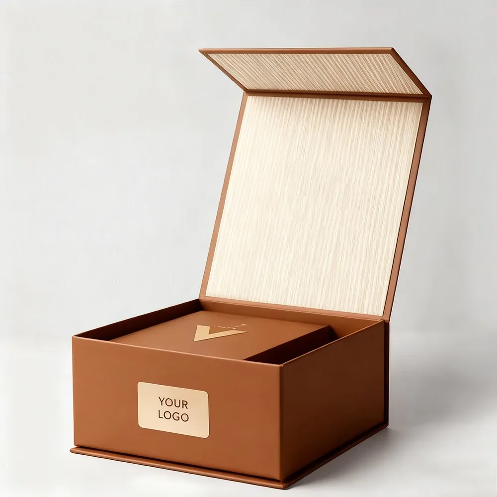 Custom Brown Hinged Gift Box with Striped Inner Lid