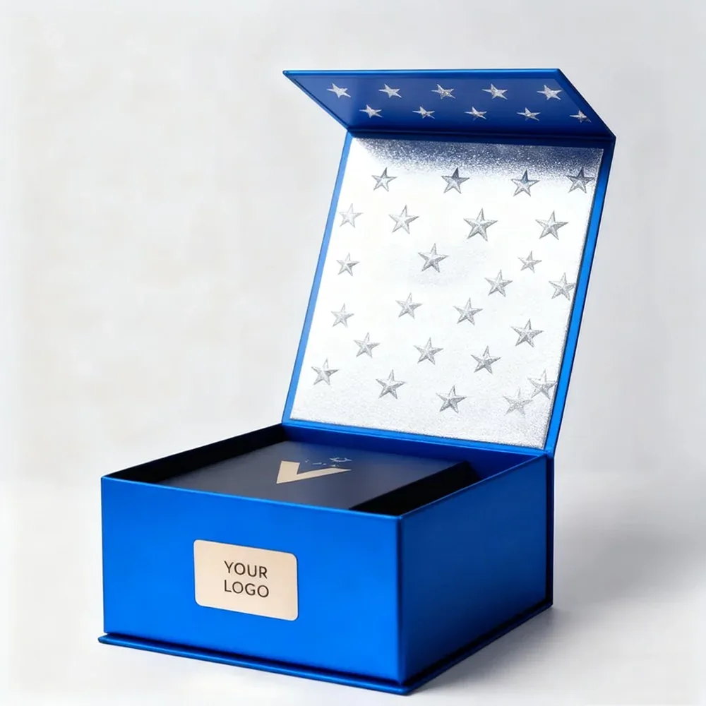 Custom Brown Hinged Gift Box with Striped Inner Lid view 2