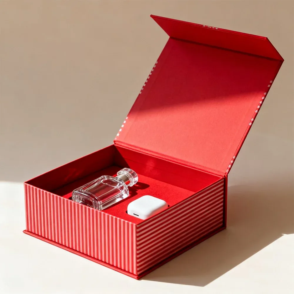 Custom Red Striped Magnetic Gift Box with Insert