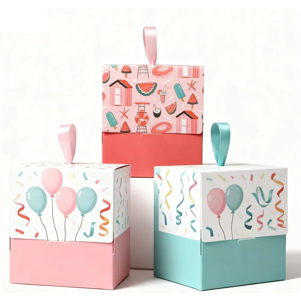 Custom Mini Printed Cube Gift Boxes with Ribbon Tabs