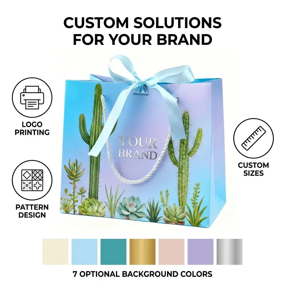 Custom Botanical Paper Gift Bag with Ribbon Detail